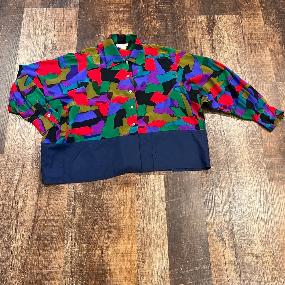 Celine Paris Vintage 100% Silk Abstract Color Block Blouse Made in France 40